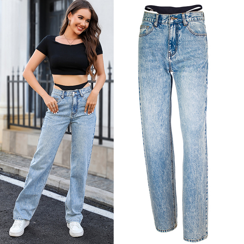 Streetwear Brand Denim - Sahte Iki Parçalı Dikiş Düz Kot